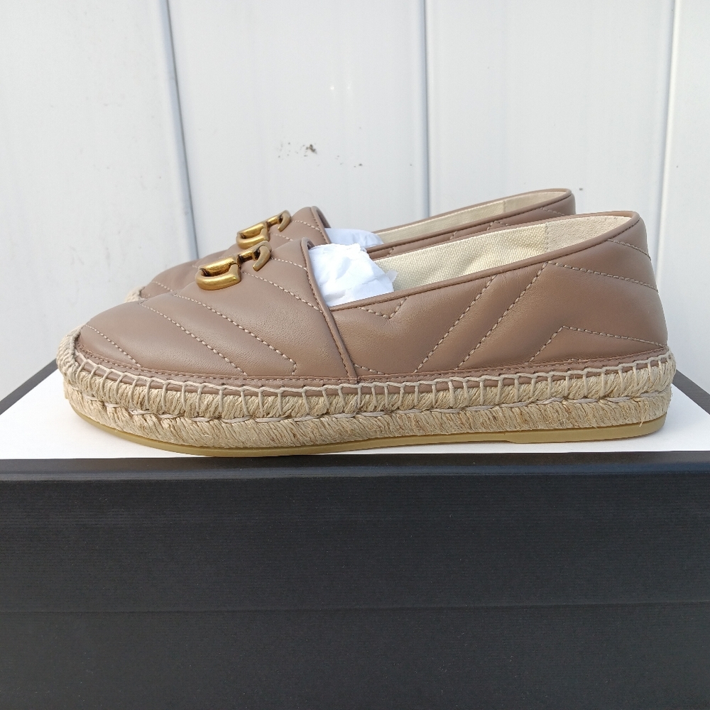 NEW GUCCI DOUBLE GG LOGO ESPADRILLES MARMONT MATELASSE LEATHER SZ 35 - Picture 8 of 14